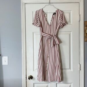Chic V-Neck Striped Midi Dress with Belt